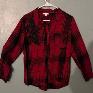 Elegant Red Plaid Women's Blouse with Floral Detail